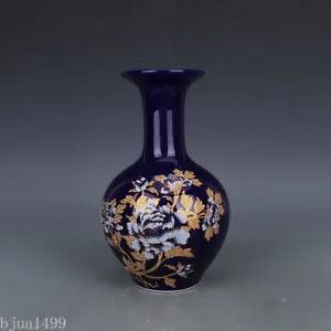 9.4" Chinese Qing Porcelain Gilding Ji Blue Glaze Peony Tree Flower Vase