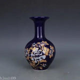 9.4" Chinese Qing Porcelain Gilding Ji Blue Glaze Peony Tree Flower Vase