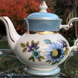 Gold Gilded Vintage Teapot Gibsons Staffordshire England Teapot with Pattern of Blue Sunflowers and Purple Clematis Circa 1950