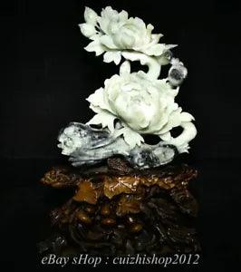 16" Natural Xiu Green Jade Jadeite Carved subshrubby peony flower Birds Statue