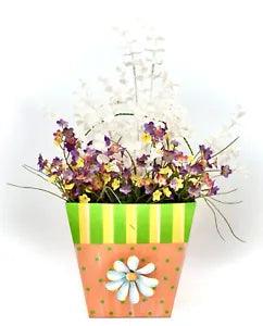 Mod Flower Box,Hanging,Peach Polka Dots,Lime Green/Yellow Stripes,Metal Flower