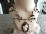 Copper twig necklace with lovely lily-of-the-valley cameo and pearl drops