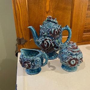 Vintage Royal Bouquet teapot creamer and sugar bowl made in Japan by Unicorn Midcentury Modern blue  and red roses