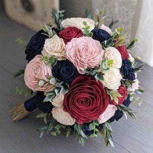 Wine, Navy, Blush, and Ivory Sola Wood Flower Bouquet with Mixed Greenery - Bridal Bridesmaid Toss