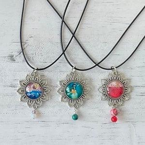 Necklaces medallions flower stainless steel watercolor and gold leaves glass cabochons semi-precious stone nylon cord jewelry