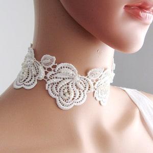 Sleek Rose Lace Wedding Neck Accessories, Lace Handmade Choker embellishment with Tiny Pearls and Seed Beads / New
