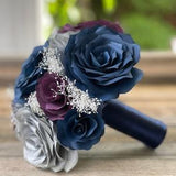 Bridal bouquet in navy blue, plum and silver paper roses - Customizable colors