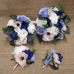 Wedding Silk Flower Bridal Bouquets 18 pcs Package White Pink Blush Navy Dusty Blue Rose Toss Bridesmaid Boutonnieres Corsages New