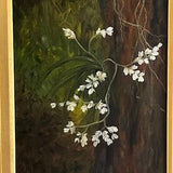 Framed Oil Portrait of White Orchid Blooms on Tree in Dark Tropical Forest 17x21