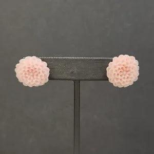 Flower Vtg Earrings Pierced Carved Pink Acrylic Round Peony 3/4"