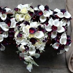 Purple Burgundy Bridal Bouquets, White Burgundy Bridesmaids Bouquets, Real Touch Calla Lilies, White Roses, Baby's Breath