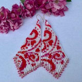 Hand beaded earrings, rose and red flower earrings, seed bead long fringe earrings, boho style.