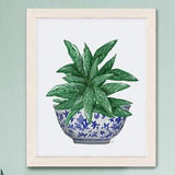Chinese evergreen plant in blue & white porcelain bowl, Chinoiserie wall art made in UK, Oriental art decor botanical painting