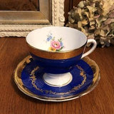 Gladstone China, Cobalt Blue And Gold, with a Pink Bouquet of Roses, Teacup and Saucer