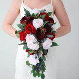 Burgundy and Soft Blush Pink Cascading Brides Bouquet with Navy Blue and Gold - Ships the Next Day - ID#12