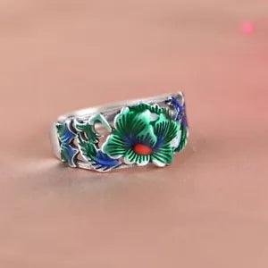 F05 Ring Multicoloured Flower Peony Sterling Silver 925 Adjustable Size