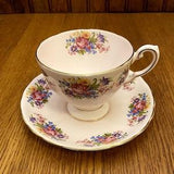 Tuscan Fine Bone China Pink Background with Bouquets of Roses, Tulips and Daisy's, Teacup and Saucer