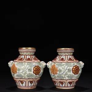 6.2" old antique yuan dynasty porcelain a pair gilt peony flower tiger head pot