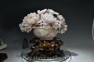 14.8 "100% Natural Pink Xiu Jade Carved Fengshui Peony Flower Bird Wealth Statue