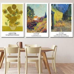 Set of 3 Van Gogh Print Exhibition Canvas Wall Art Sunflowers Prin,Cafe Terrace at Night Landscape Print Van Gogh Paintings, Museum Wall Art