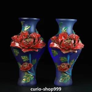 8.8" Old Ming Dynasty Coloured Glaze Painting Peony Flower Bottle Vase Pair