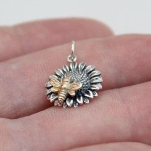 Sterling Silver Sunflower with Bronze Bee Pendant, Sterling Silver Sunflower with Bronze Bee Charm, Silver Sunflower with Bronze Bee Charm
