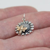 Sterling Silver Sunflower with Bronze Bee Pendant, Sterling Silver Sunflower with Bronze Bee Charm, Silver Sunflower with Bronze Bee Charm