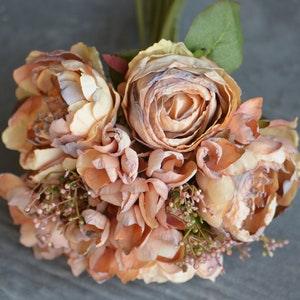 10 stems Dried Look Faux Flowers Bouquet, Orange Champagne Dried Look Roses, Peonies, Hydrangeas Bundle, Wedding Home Decors, DIY Florals