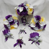 Wedding Silk Flower Bridal Bouquets Package Calla Lily Yellow Purple Eggplant  Plum Rose Silver Bride Boutonnieres Corsages New