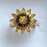 Citrine Sunflower Ring Sterling Silver all natural citrine onyx 925 Statement Ring Cluster Ring Natural Gemstone Ring Sz 6,7,8,9