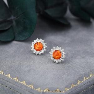 Opal Sunflower Stud Earrings in Sterling Silver - Flower Stud Earrings  - Cute,  Fun, Whimsical