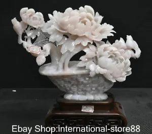 15.6" Chinese Natural Xiu Pink Jade Carving Peony Bird Flower Basket Sculpture