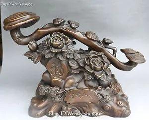 17" Chinese Pure Bronze Fengshui Tree Peony Flower Auspicious Ruyi Ru Yi Statue
