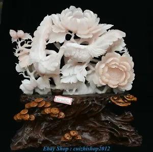 15.3" Rare China Natural Xiu Pink Jade Carving Peony Flower Fly Bird Statue