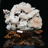 15.3" Rare China Natural Xiu Pink Jade Carving Peony Flower Fly Bird Statue