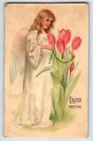 Easter Postcard Angel Pink Red Lilies Flowers Germany Embossed Unposted Vintage