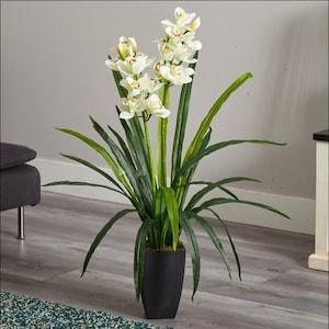39" Cymbidium orchid plastic artificial plant, white