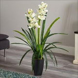 39" Cymbidium orchid plastic artificial plant, white