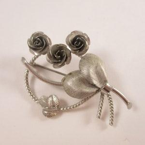 Vintage Silver Rose Brooch, Sterling Silver Bond Boyd Flower Leaves Bouquet Pin Jewelry 1960s