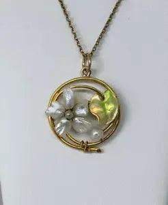 Art Nouveau Flower Lily Pad Enamel Pearl Pendant Lavaliere Necklace 14K Gold