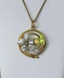 Art Nouveau Flower Lily Pad Enamel Pearl Pendant Lavaliere Necklace 14K Gold