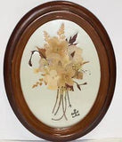 Vintage Brown Oval Framed Satin Background Dried Pressed Flowers Wall Hanging