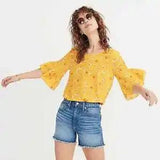 Madewell Silk Painted Carnations Floral Ruffle Sleeve Blouse Gold Yellow XL
