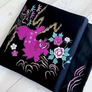 Japanese Kimono Nagoya Obi Lion And Peony Embroidery Flower  Pure Silk