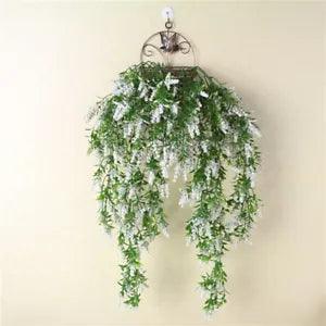 Wall Hanging Fake Flower Lavender Plant Basket Plastic Rattan Room Decoration