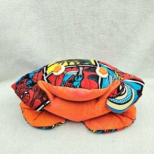 Weighted Frog Stuffy Plushie with Spiderman Themed Comic Fabric w Orange Tummy Featuring Shiny Flower Button Eyes, Filled with Flax Seeds