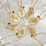 Birth Month Flower Birthstone Necklace for Women Charm White Shell Pendant Chain