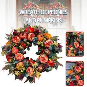 Fall Peony Pumpkin Artificial Flower Wreath Garland Front Door for Thanksgiving