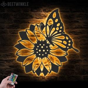 Sunflower Farmhouse Metal Wall Art LED Light Sunflower Butterfly Sign Home Decor Sunflower Barn Nursery Decoration Xmas Birthday Gifts