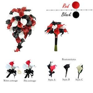 Build Wedding package-Red Black White calla real touch calla lily cascade round bouquet corsage boutonniere